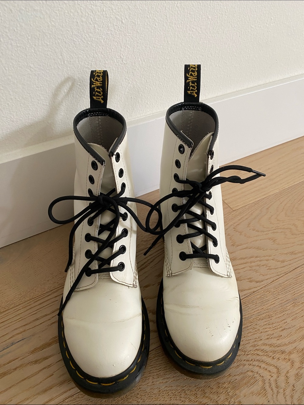 Dr. Martens White Leather Combat Boots with Black Laces